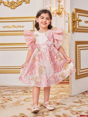 Young Girl's Woven Floral Print Casual Dress With Round Neckline & Ruffle Trim