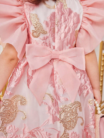 Young Girl's Woven Floral Print Casual Dress With Round Neckline & Ruffle Trim