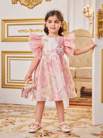 Young Girl's Woven Floral Print Casual Dress With Round Neckline & Ruffle Trim