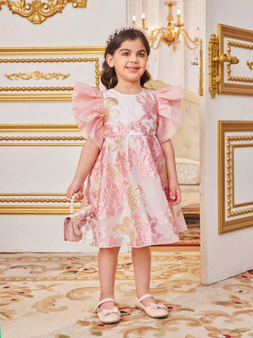 Young Girl's Woven Floral Print Casual Dress With Round Neckline & Ruffle Trim