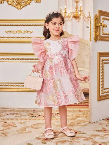 Young Girl's Woven Floral Print Casual Dress With Round Neckline & Ruffle Trim