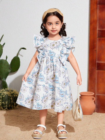 Young Girl's Woven Floral Print Round Neck Ruffle Trim Loose Casual Dress