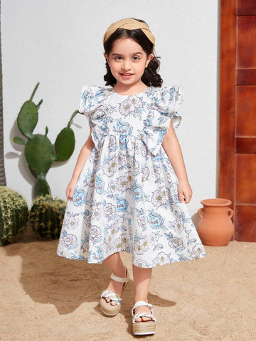Young Girl's Woven Floral Print Round Neck Ruffle Trim Loose Casual Dress