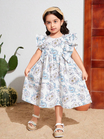 Young Girl's Woven Floral Print Round Neck Ruffle Trim Loose Casual Dress