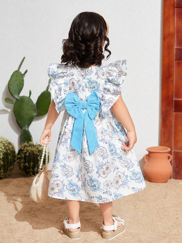 Young Girl's Woven Floral Print Round Neck Ruffle Trim Loose Casual Dress