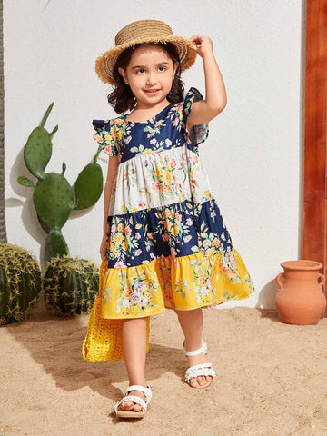 Young Girl's Woven Floral Print Round Neck Short Sleeves Loose Casual Vacation Dress