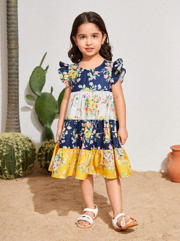 Young Girl's Woven Floral Print Round Neck Short Sleeves Loose Casual Vacation Dress