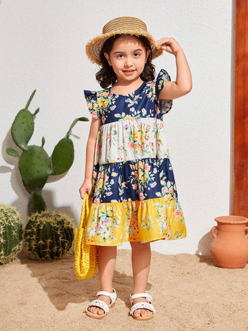 Young Girl's Woven Floral Print Round Neck Ruffle Trim Loose Casual Dress