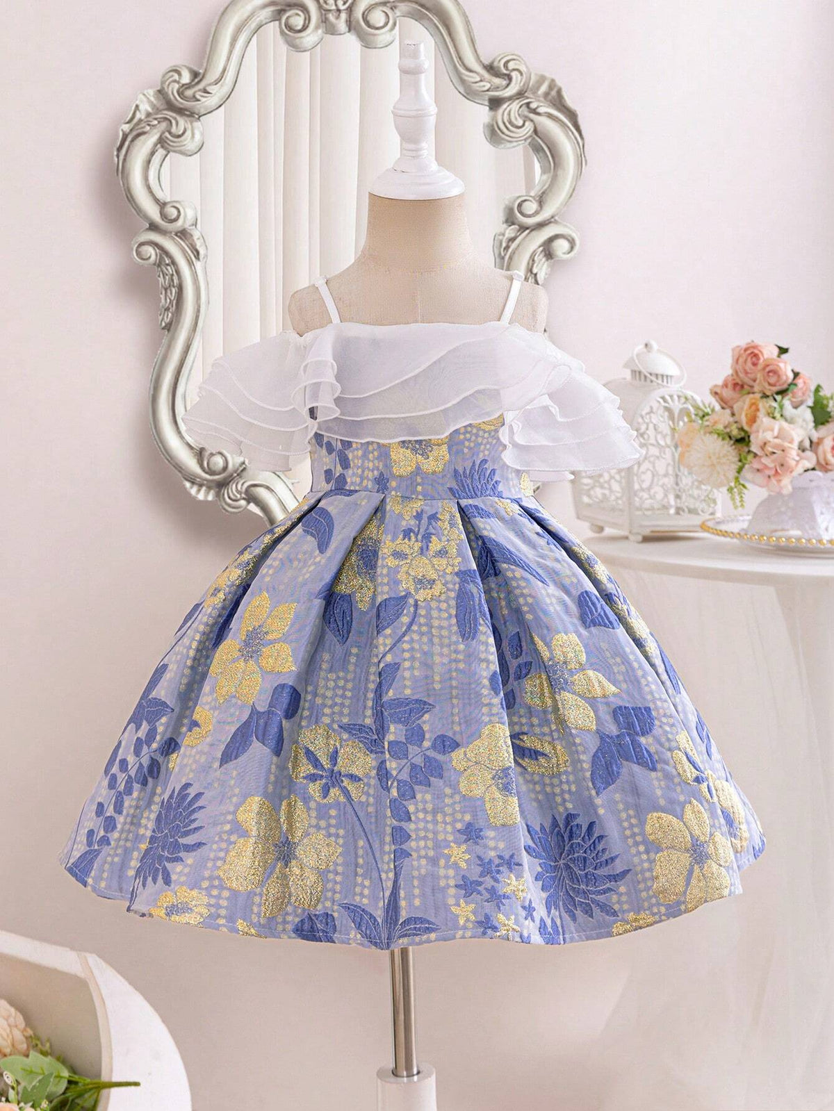 Young Girl's Woven Floral Print Ruffled One Shoulder Strap Casual Dress