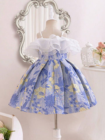 Young Girl's Woven Floral Print Ruffled One Shoulder Strap Casual Dress