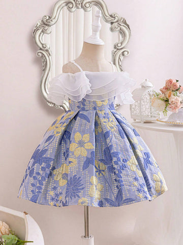 Young Girl's Woven Floral Print Ruffled One Shoulder Strap Casual Dress