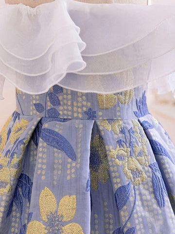 Young Girl's Woven Floral Print Ruffled One Shoulder Strap Casual Dress