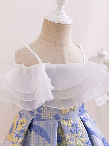 Young Girl's Woven Floral Print Ruffled One Shoulder Strap Casual Dress