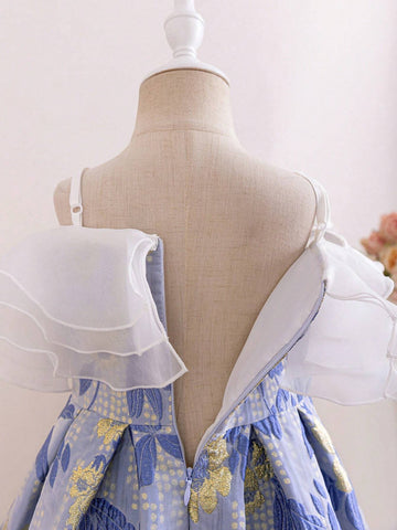 Young Girl's Woven Floral Print Ruffled One Shoulder Strap Casual Dress