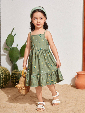 Young Girl's Woven Floral Print Spliced Casual Vacation Strappy Dress