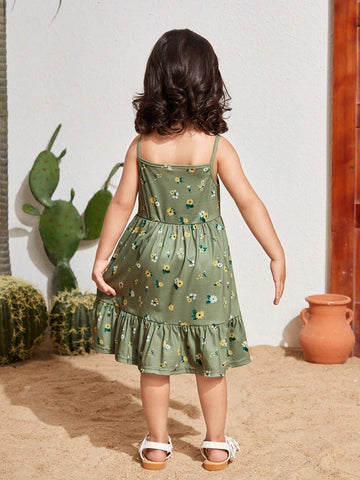 Young Girl's Woven Floral Print Spliced Casual Vacation Strappy Dress