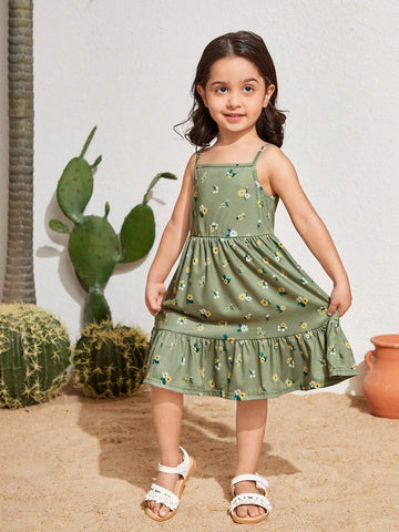 Young Girl's Woven Floral Print Spliced Casual Vacation Strappy Dress