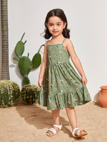 Young Girl's Woven Floral Print Spliced Casual Vacation Strappy Dress
