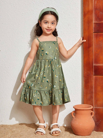 Young Girl's Woven Floral Print Spliced Casual Vacation Strappy Dress