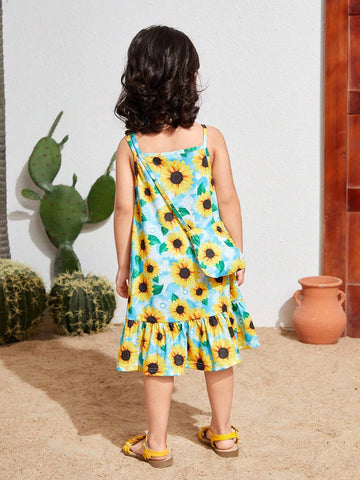 Young Girl's Woven Floral Printed Loose Casual Tank Dress With Crossbody Bag