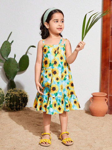 Young Girl's Woven Floral Printed Loose Casual Tank Dress With Crossbody Bag