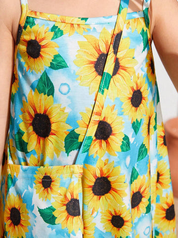 Young Girl's Woven Floral Printed Loose Casual Tank Dress With Crossbody Bag