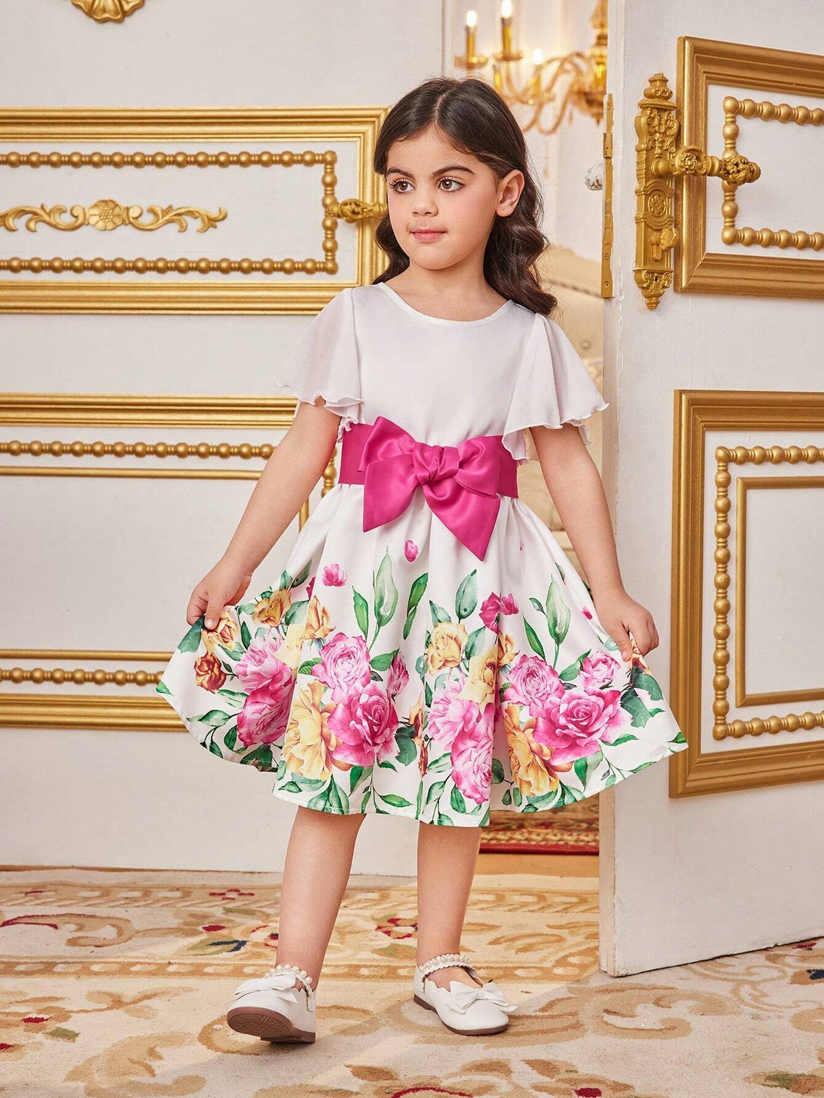 Young Girl's Woven Floral Printed Loose Fit Casual Dress With Round Neckline