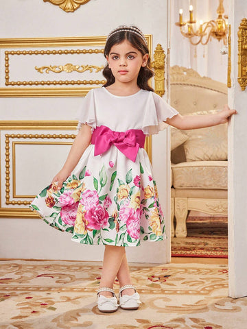 Young Girl's Woven Floral Printed Loose Fit Casual Dress With Round Neckline