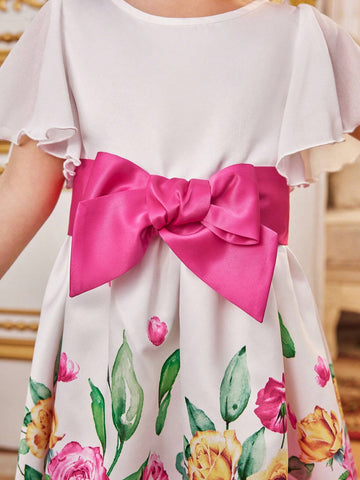 Young Girl's Woven Floral Printed Loose Fit Casual Dress With Round Neckline