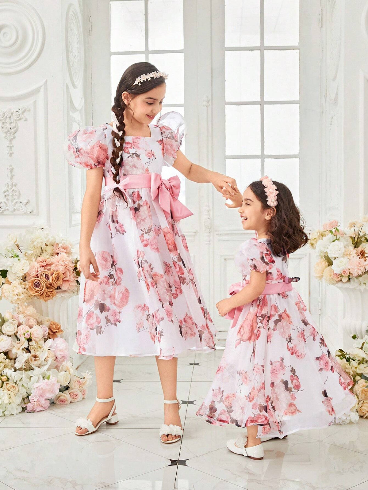 Young Girl's Woven Floral Square Neck Puff Sleeve Tulle Dress