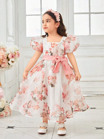 Young Girl's Woven Floral Square Neck Puff Sleeve Tulle Dress