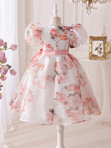 Young Girl's Woven Floral Square Neck Puff Sleeve Tulle Dress