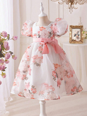 Young Girl's Woven Floral Square Neck Puff Sleeve Tulle Dress