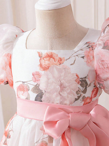 Young Girl's Woven Floral Square Neck Puff Sleeve Tulle Dress