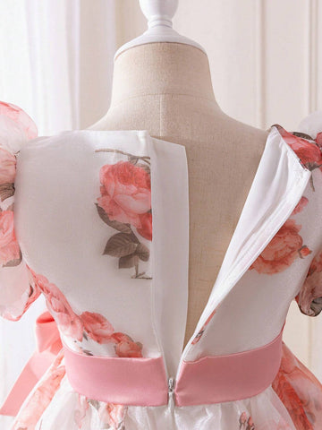 Young Girl's Woven Floral Square Neck Puff Sleeve Tulle Dress