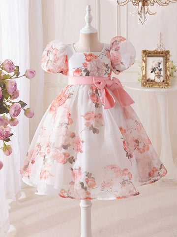 Young Girl's Woven Floral Square Neck Puff Sleeve Tulle Dress
