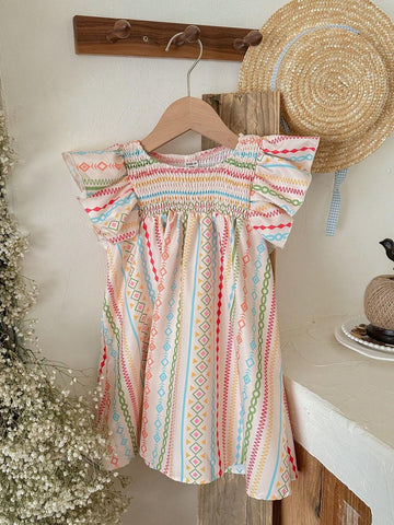 Young Girl's Woven Geometric Printed Round Neck Casual Holiday Dress With Ruffle Hem