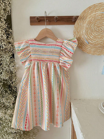 Young Girl's Woven Geometric Printed Round Neck Casual Holiday Dress With Ruffle Hem