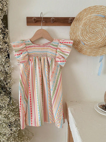 Young Girl's Woven Geometric Printed Round Neck Casual Holiday Dress With Ruffle Hem