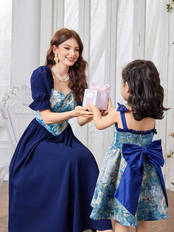 Young Girl's Woven Jacquard Sleeveless Dress With Big Bow-Knot And Elegant Design