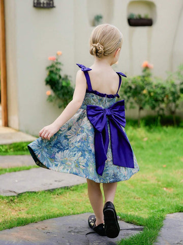 Young Girl's Woven Jacquard Sleeveless Dress With Big Bow-Knot And Elegant Design