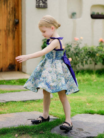 Young Girl's Woven Jacquard Sleeveless Dress With Big Bow-Knot And Elegant Design