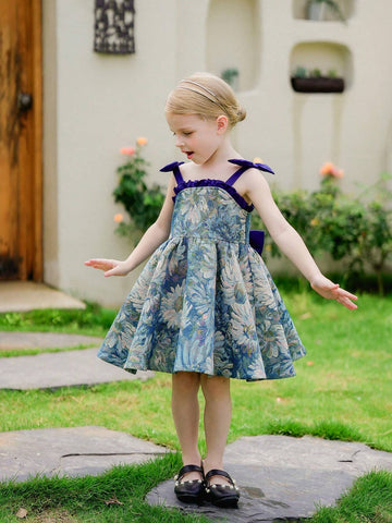 Young Girl's Woven Jacquard Sleeveless Dress With Big Bow-Knot And Elegant Design