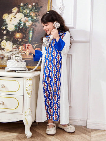 Young Girl's Woven Loose Casual Dress With Solid Color Blocking And Floral Pattern
