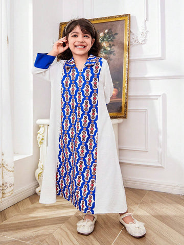 Young Girl's Woven Loose Casual Dress With Solid Color Blocking And Floral Pattern