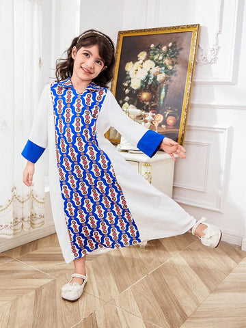 Young Girl's Woven Loose Casual Dress With Solid Color Blocking And Floral Pattern