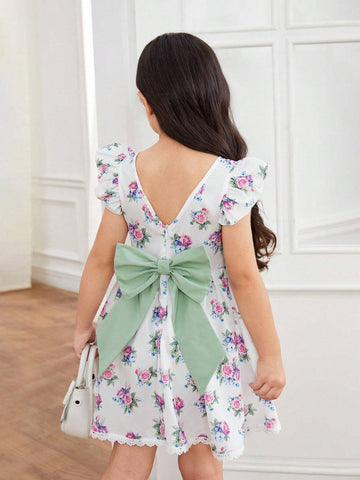 Young Girl's Woven Patchwork Floral Square Neck Ruffle-Trim Bodycon Dress