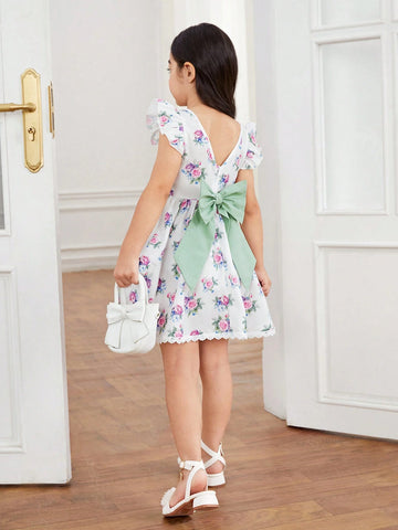 Young Girl's Woven Patchwork Floral Square Neck Ruffle-Trim Bodycon Dress
