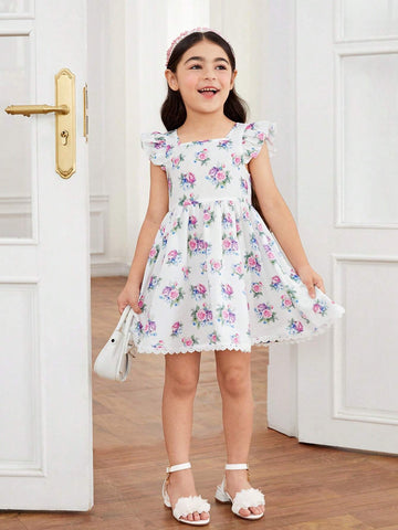 Young Girl's Woven Patchwork Floral Square Neck Ruffle-Trim Bodycon Dress