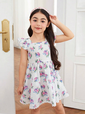 Young Girl's Woven Patchwork Floral Square Neck Ruffle-Trim Bodycon Dress
